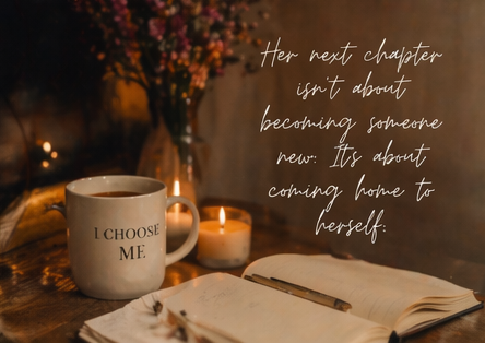 A quiet morning scene — candlelight, an open journal, and a mug that reads 'I choose me'