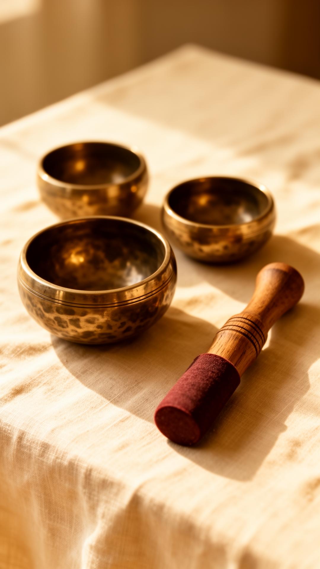 Tibetan singing bowls resting on warm linen in soft daylight