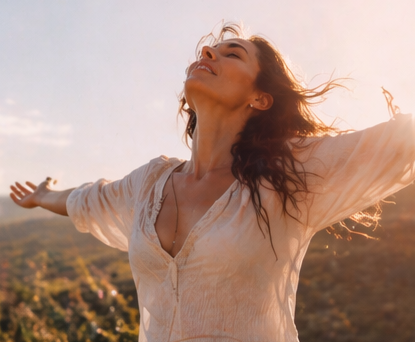 A woman with arms wide open in golden sunset light — energized, free