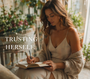 A woman writing in her journal in soft daylight — trusting herself
